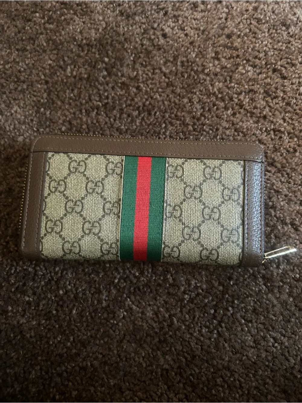 Gucci GG Supreme Canvas Zip Wallet in Brown with Green and Red Web - Picture 4 of 5